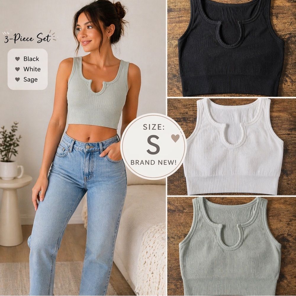 3-Piece Scoop Neck Ribbed Crop Tank Top Set - Black, White & Sage